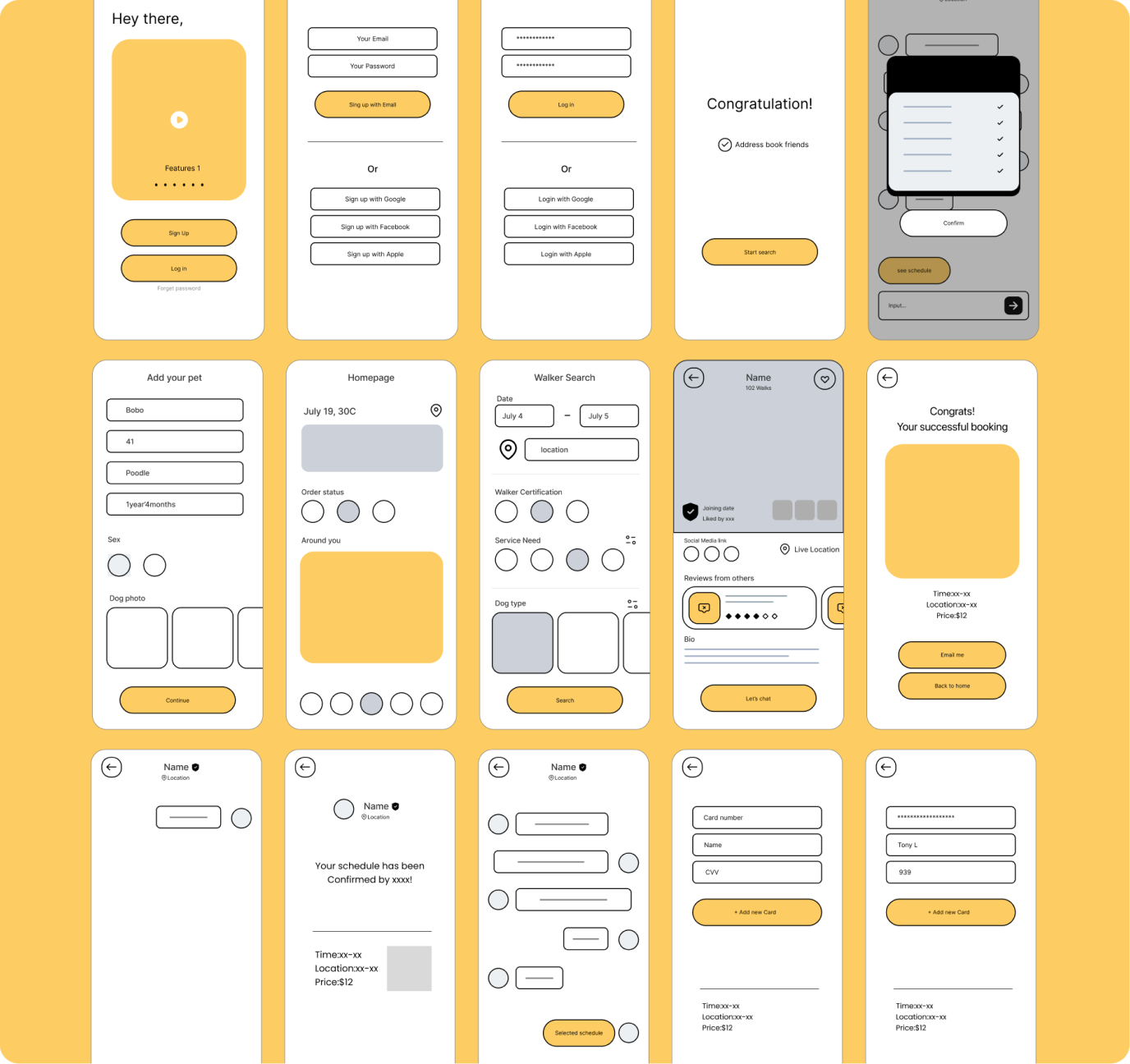 Dog walking app wireframes